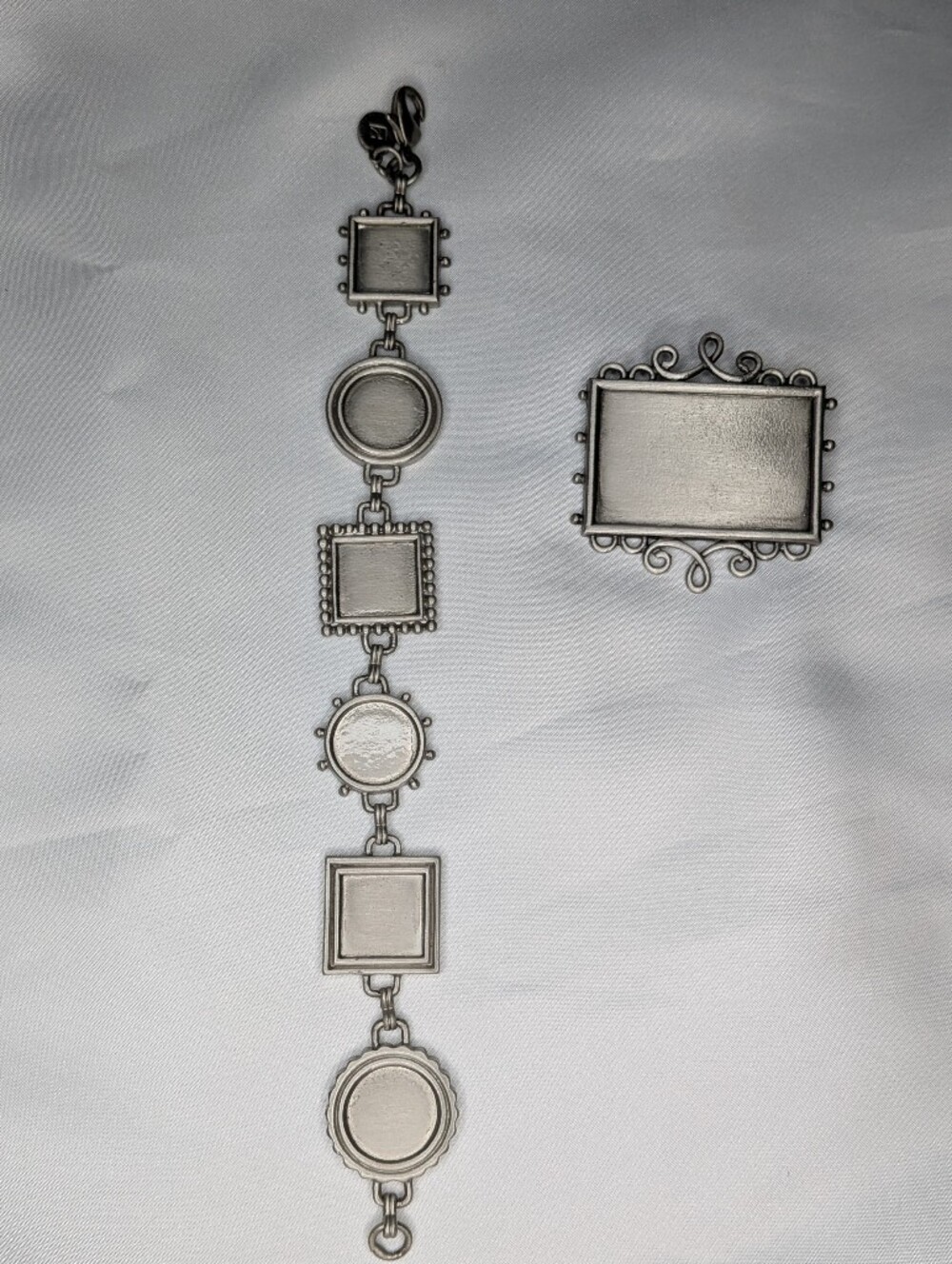Krikit Vintage Matte Silver Bezel Picture Frame Bracelet & Scroll Brooch Pin Set